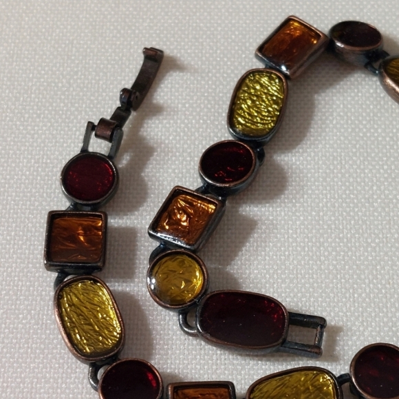Vintage Signed LC Antiqued Finished Foil Infused Multicolor Linked Bracelet - Picture 4 of 6